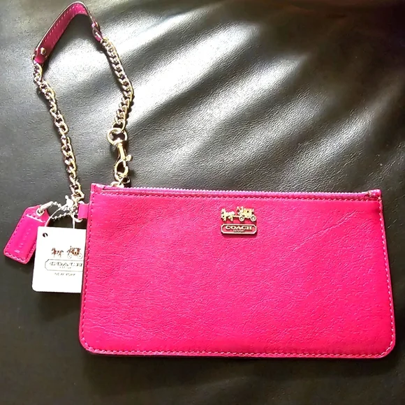 Coach Magenta Leather Slim Wristlet Clutch with silver chain New with Tags - Picture 1 of 14